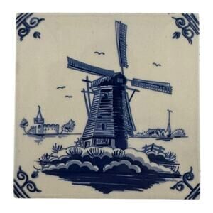Vintage 1924 Delft Blue and White Windmill Tile Trivet Germany